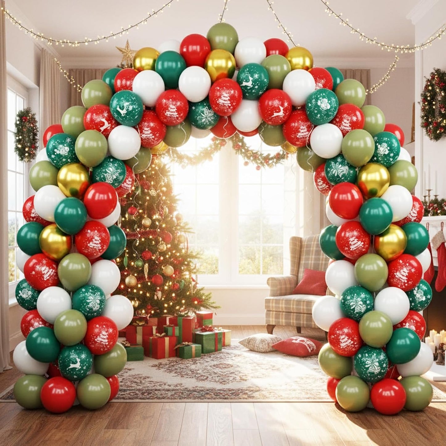 Christmas Balloons, Red Green Gold Balloons with Tree Elk Santa Claus Print Balloon, Retro Green Gold Red and White Xmas Party Balloon for Christmas Birthday New Year Winter Holiday Party Decorations