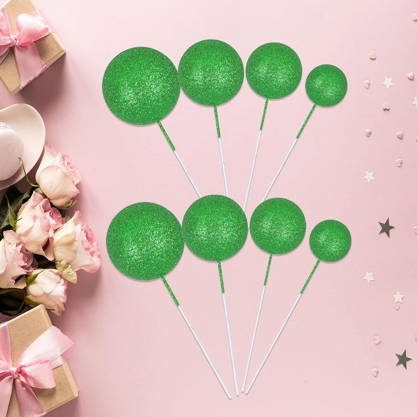30Pcs Glitter Balls Cake Topper Mini Balloons Cupcake Topper DIY Cake Insert Topper Foam Cake Balls Baking Decoration for Baby Shower Wedding Anniversary Kids Birthday Graduation Party Green