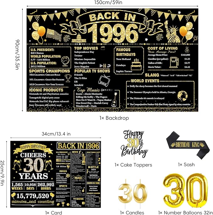 30th Birthday Decorations for Him, Black Gold Back in 1996 Party Decor Kit, Happy 30th Birthday Party Supplies with Sash, Banner, Backdrop, Balloons, Cake Topper, Honeycomb Centerpieces