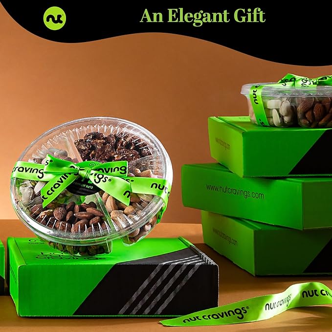 NUT CRAVINGS - Halloween Treats For Adults Mixed Nuts Gift Basket + Green Ribbon (4 Assortments) Holiday Xmas Christmas Food Arrangement, Healthy Snack Care Package, Food Assortments