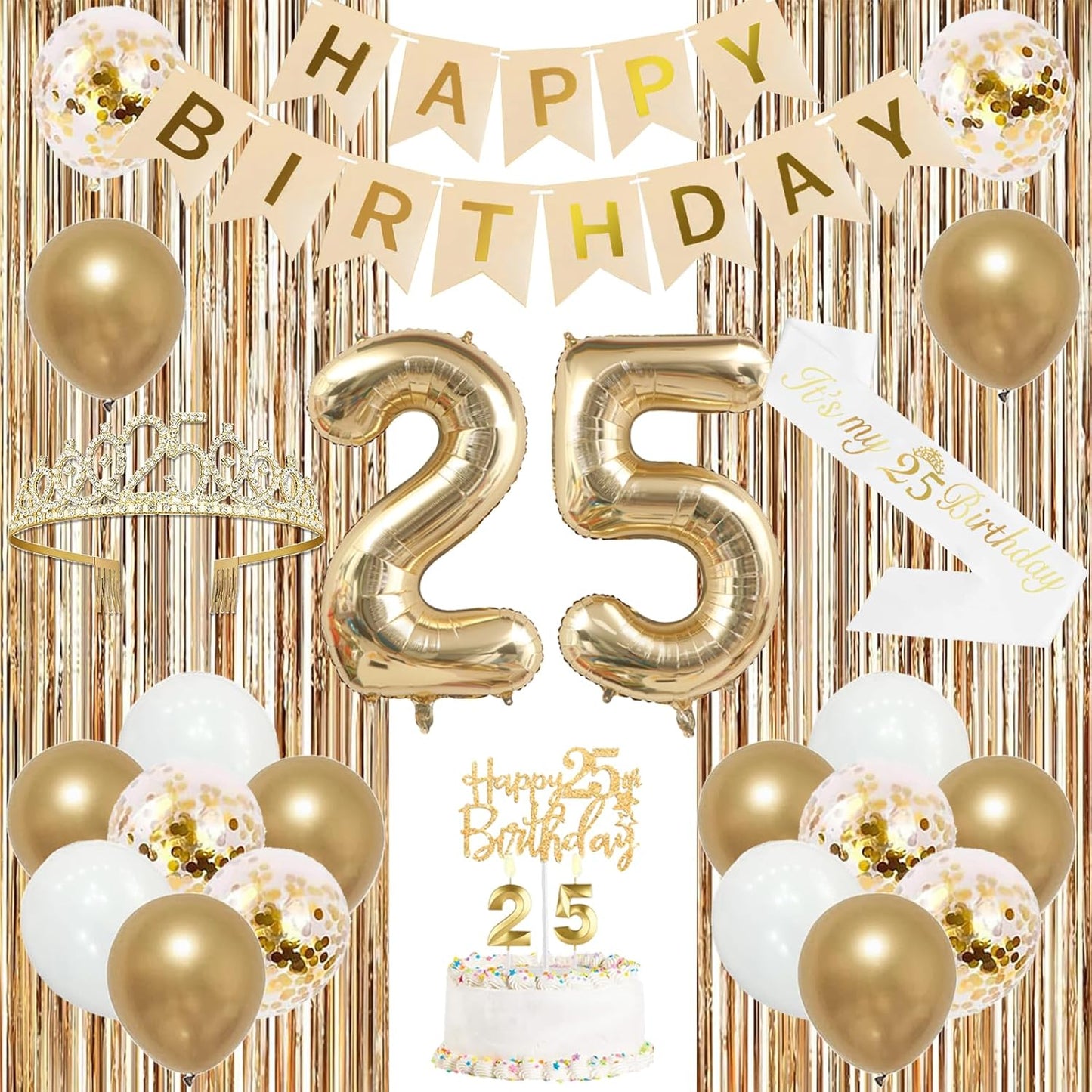 Trgowaul 25th Birthday Decorations for Women, Banner, Sash and Crown, Cake Topper, 25 Number Balloon, Fringe Curtains, Champagne Gold 25th Birthday Party Supplies