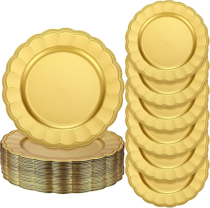 24 Pack Metallic Charger Plates 13inch Round Elegant Serving Plates Plastic Disposable Chargers Bulk Dinnerware Set for Dinner Wedding Party Events Catering Decoration (Gold,Scalloped Rim)