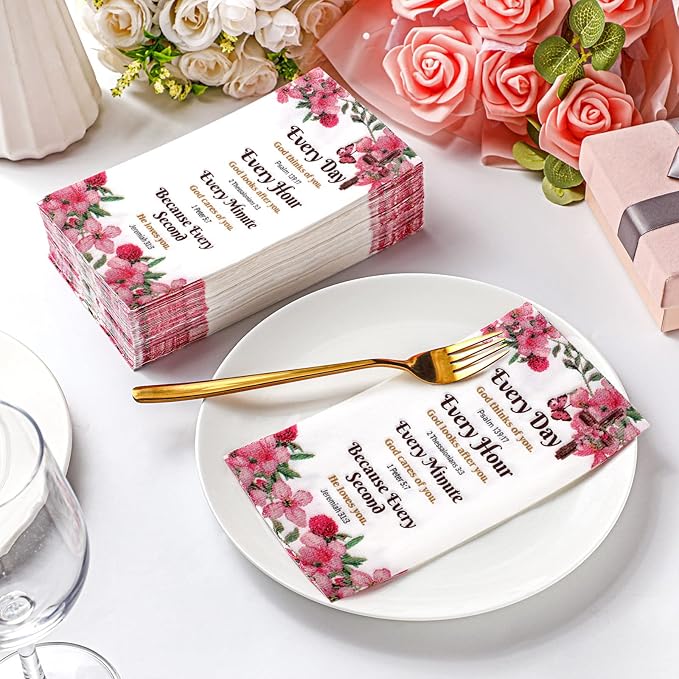 Karenhi 200 Pcs Religious Decorative Disposable Napkins 2 Ply Christian Disposable Hand Towels for Bathroom Bible Verse Paper Napkins Baptism Paper Towel for Wedding(Flower)