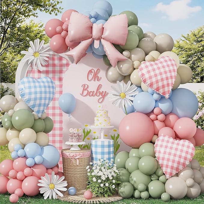 Silly Goose Balloon Arch with Checkered Heart Bow Foil Balloons, Pink Blue Sage Green Sand White Ivory Balloon Garland for Girls Boys First Birthday Baby In Bloom Baby Shower Flower Fairy Tea Decor