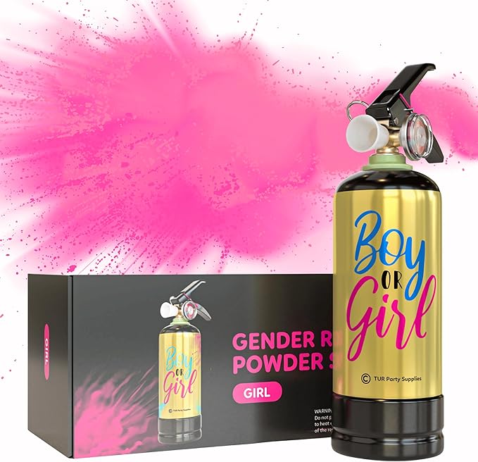 Pink Baby Gender Reveal Fire Extinguisher Smoke Bombs Powder Cannon Gold | 1 Pink | Fireworks Alternative | Biodegradable | Decorations for Photoshoots, Celebrations, Parties | TUR Party Supplies