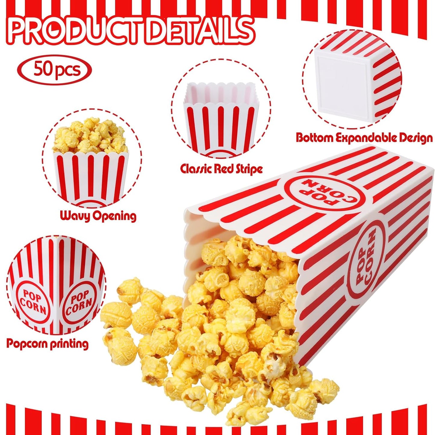 50 Pack Plastic Popcorn Boxes Red and White Striped Popcorn Buckets Bulk Reusable Open Top Containers for Movie Night, Classic Retro Style, 7.7 x 3.9 x 2.4 Inch