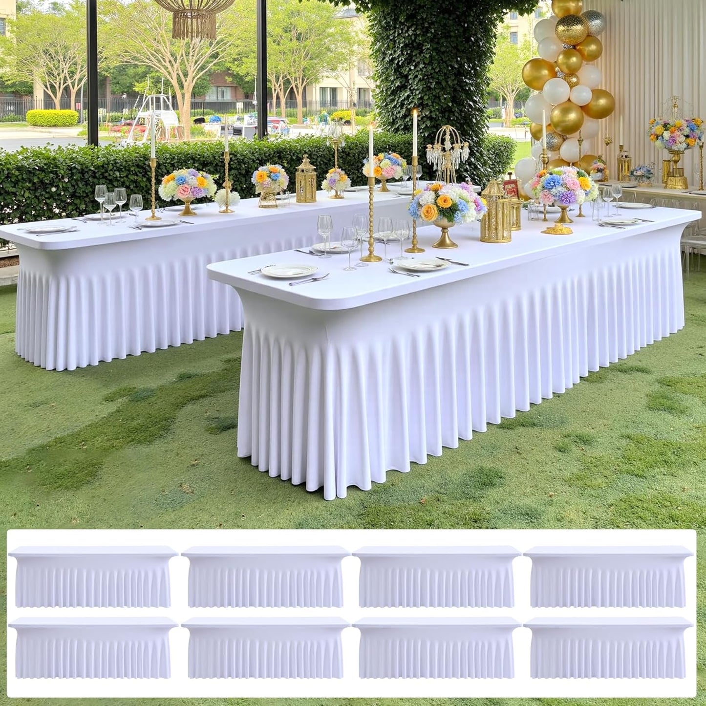 NSSONBEN 8 pk White Spandex Tablecloth 6ft, Wrinkle Free High Stretch Fitted Tablecloths for 6 Foot Rectangle Tables, Elastic Spandex Table Covers 6ft with Pleats Skirt for Party Wedding Banquet