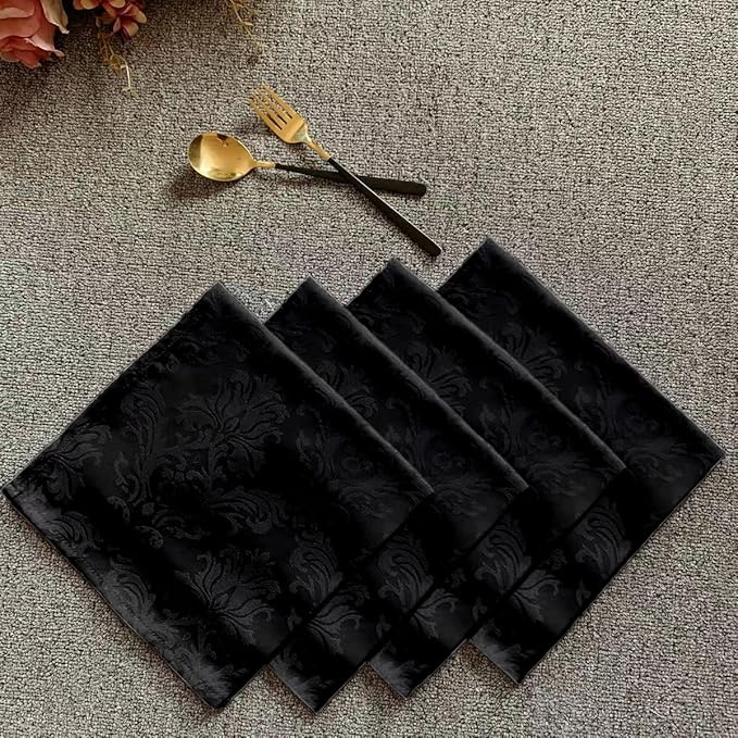 SASTYBALE 4 Pieces Napkin Set, Damask Wrinkle Resistant Soft Polyester Napkins, Fabric Cloth Dinner Napkins for Daily, Wedding, Birthday, Anniversary, Holiday, Parties, Set of 4 (Black, 20X20 Napkin)