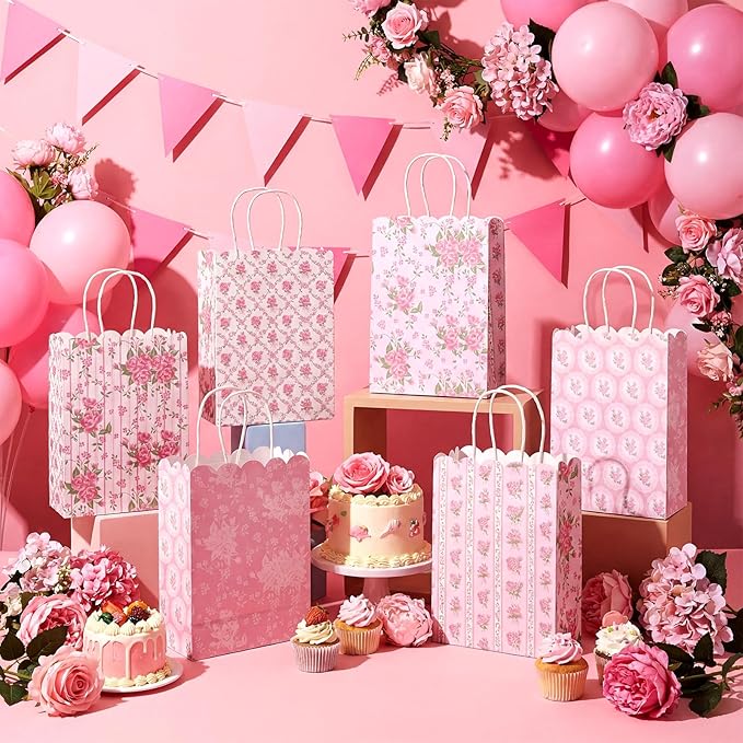 Kolldenn 24 Pcs Vintage Floral Party Gift Bags with Handles Paper Candy Treat Goodie Bags Scalloped for Birthday Decoration for Bridal Baby Shower Tea Party Supplies