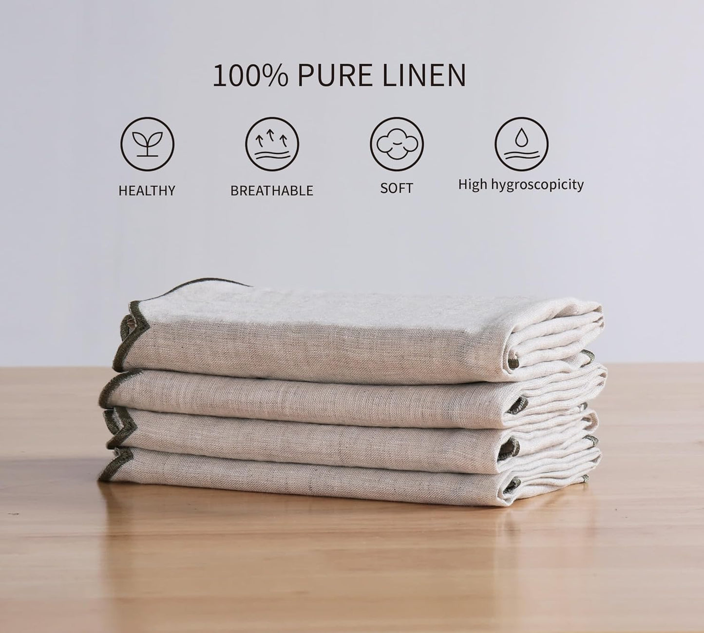 100% French Flax Linen Cloth Napkins Scalloped Embroidery 20’’x20’’ for Dinners, Parties, Weddings, Decorative Halloween, Spring, Easter, Set of 4 Pcs, Natural Linen(Edges-Green)