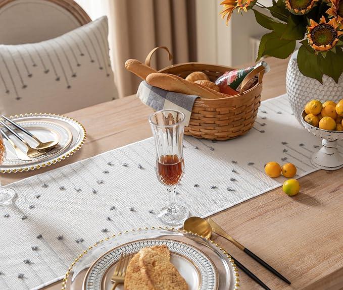 Boho Table Runner 13 x 60 Inch Long Natural Cotton Woven Runner with Tassels for Home Dining Table décor, for Modern Farmhouse Decor Coffee Table Runner, Grey and Beige