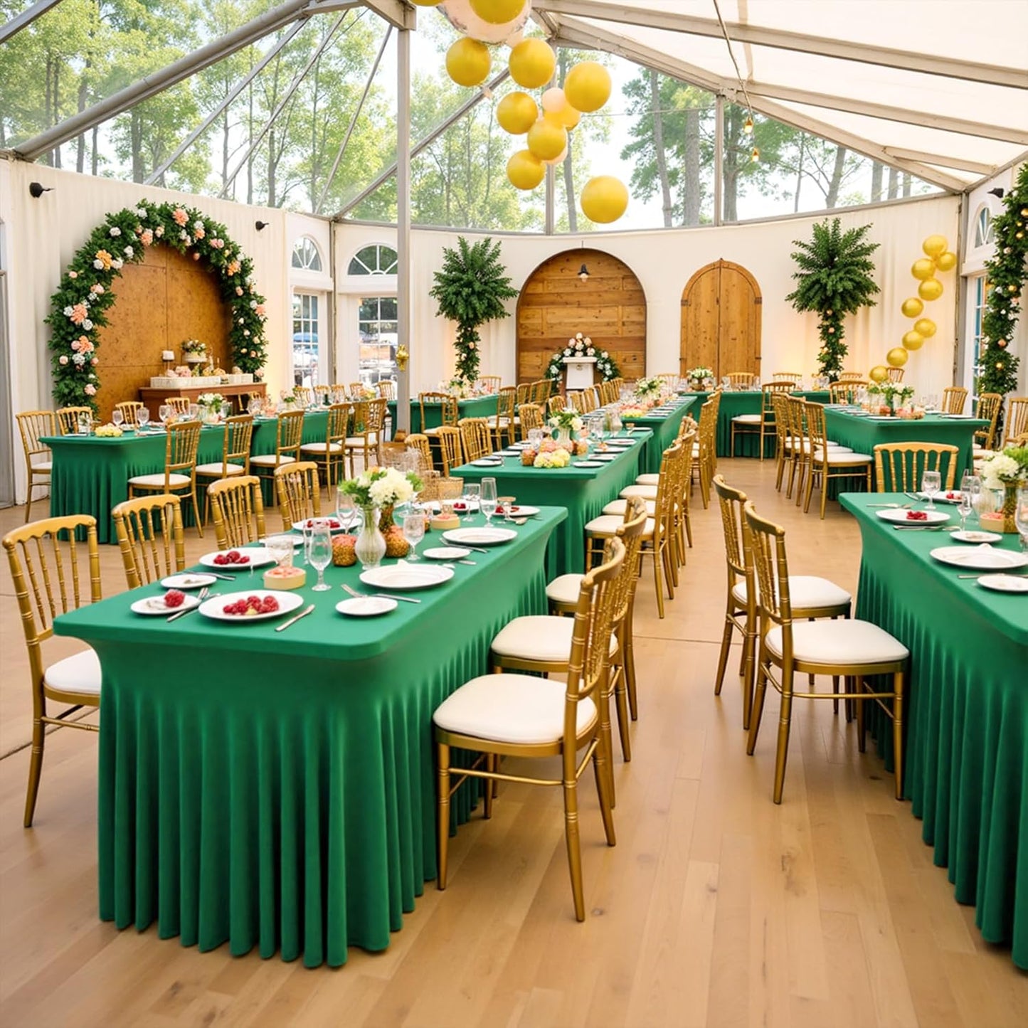 4 Pack Emerald Green Spandex Table Clothes for 8 Foot Rectangle Tables, Wrinkle Free Fitted Table Cover 8ft Green Stretchy Tablecloths with Skirt for Parties Weddings Birthday Banquet Baby Shower