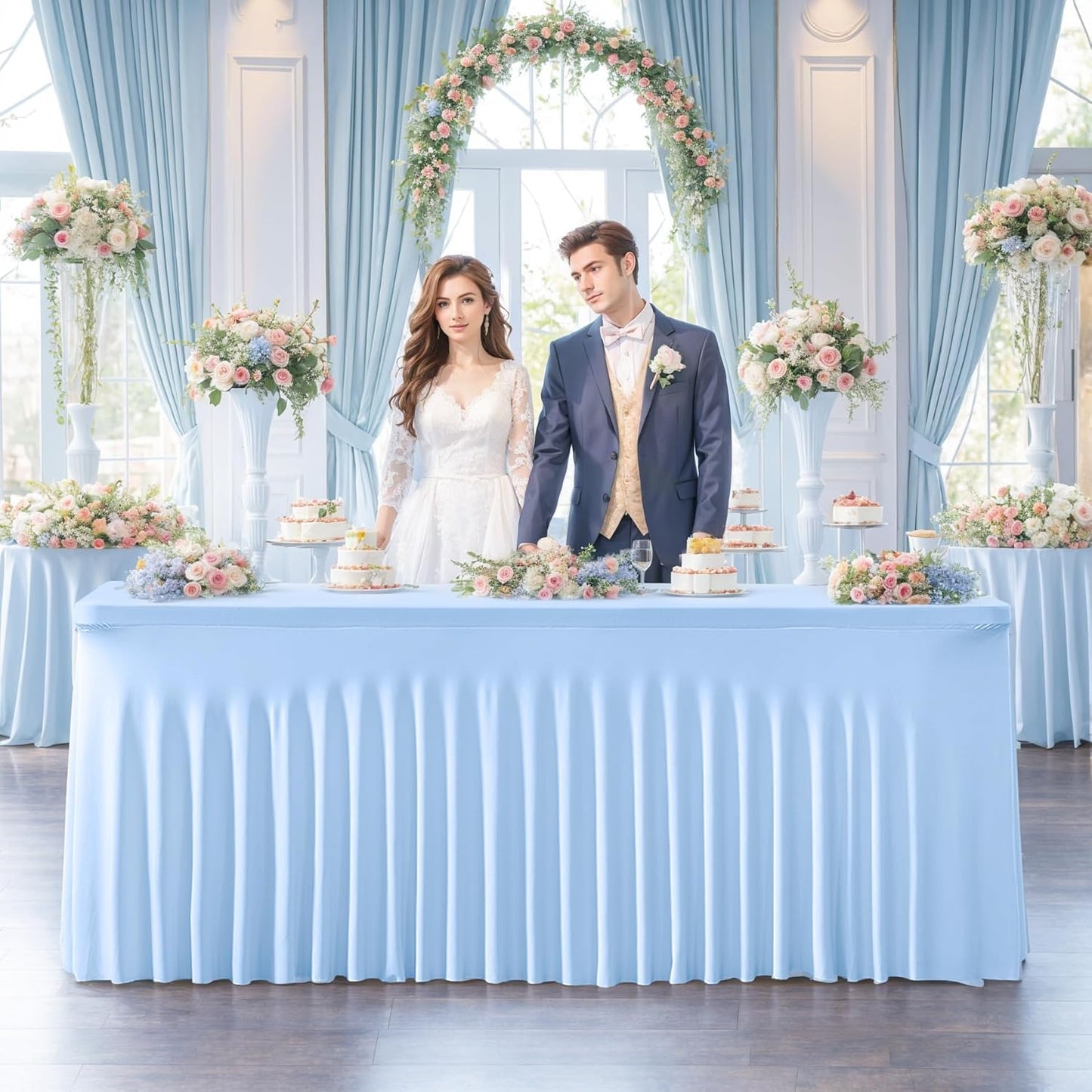 8 Pack Spandex Baby Blue Fitted Table Cloth for 6ft Rectangle Tables Baby Blue Stretch Tablecloth Table Covers Skirt Banquet Wrinkle Free Tablecloths for Parties Wedding