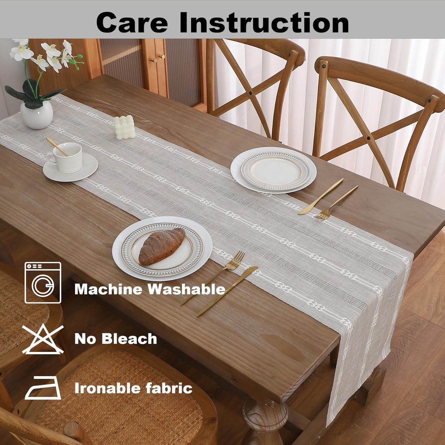 Gernaice 2PCS Boho Table Runner, Embroidered Cotton Linen Farmhouse Table Runners for Dresser End Coffee Table Home Decor, 24" L X 13" W Brown