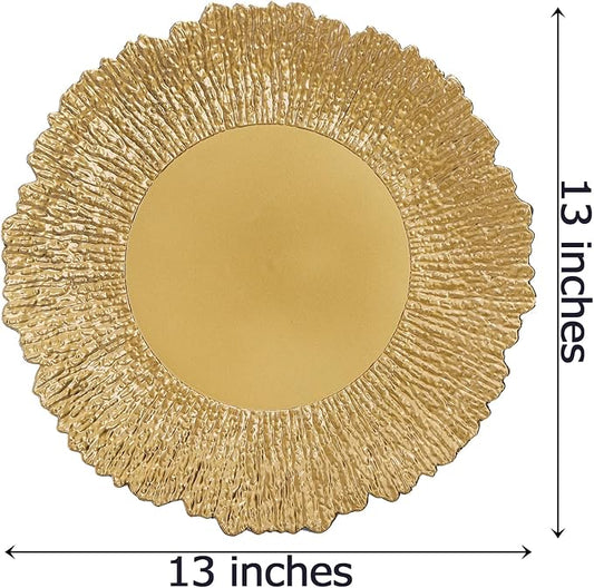 Coloch Set of 12 Plastic Charger Plates, 13" Reusable Reef Serving Chargers for Dinner Plate Round Shiny Decorative Charger Plate for Wedding, Catering, Parties, Christmas, Home Dinner Use (Gold)