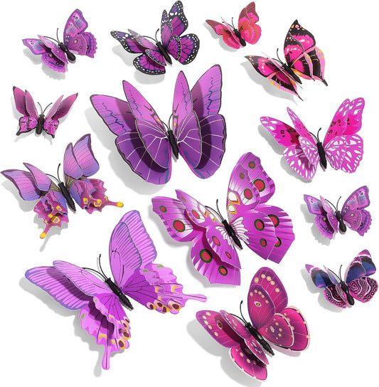 SAOROPEB 3D Butterfly Wall Decor, 48 Pcs Double Layer Butterfly Decorations for Party Decorations Locker Decor Refrigerator Decal, Reusable (Purple)