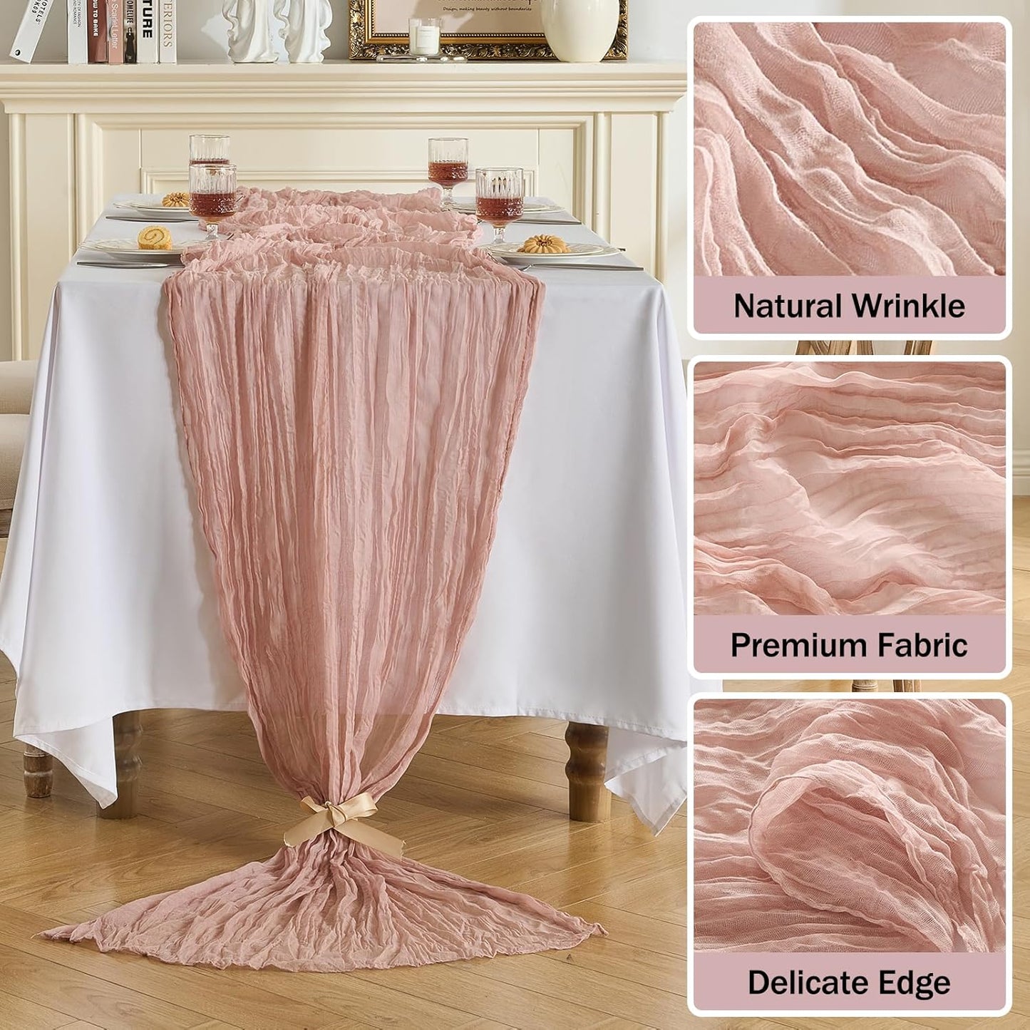 Fanami 3 Pack Cheesecloth Table Runner -10FT Dusty Pink Boho Gauze Cheese Cloth Table Runner 120 Inches Long Rustic Sheer Fabric Centerpieces for Wedding Birthday Party Bridal Baby Shower Decorations
