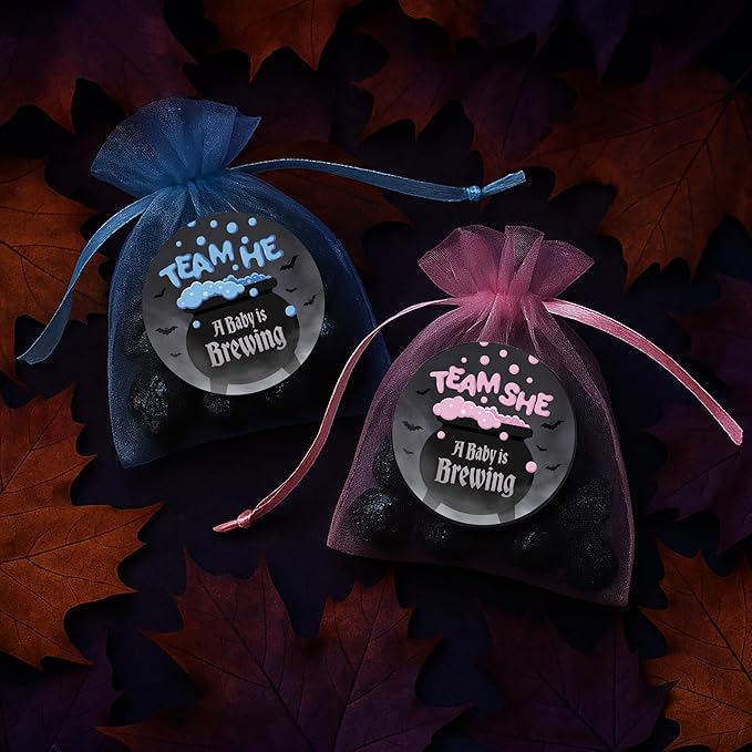 Baby is Brewing Halloween Gender Reveal Party - Bubbling Witch Cauldron Team He or Team She - 40 Stickers - Pink Blue