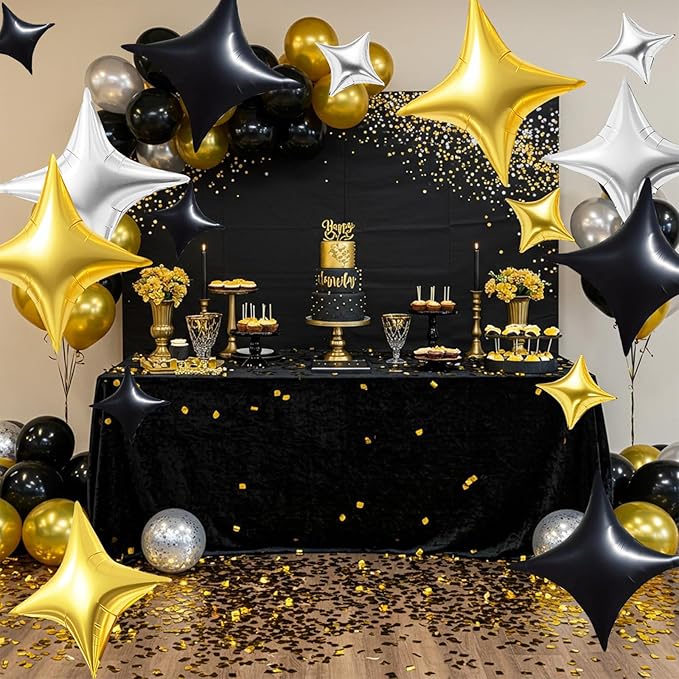 TONIFUL 30Pcs 26In&10In Star Balloons Gold Silver Black Four Pointed Foil Mini Star Mylar Balloons for Birthday Wedding Baby Shower Anniversary Engagement Party Decor Supplies