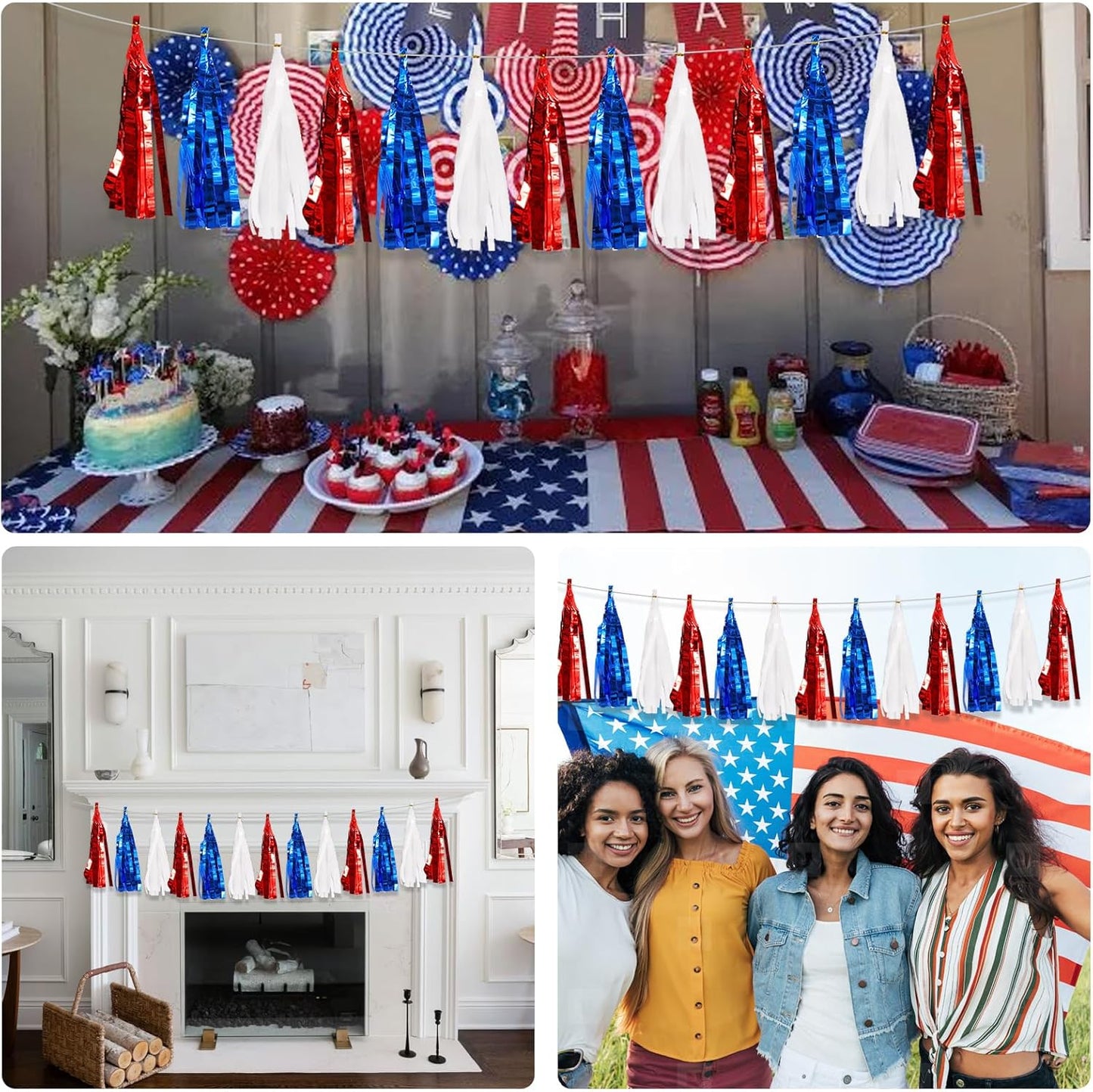 BEISHIDA 3 Packs Red Blue White Metallic Foil Fringe Tassel Garland, Tassels Banner Streamers for Car Floats Bridal/Baby Shower Birthday Wedding Halloween Christmas Holiday Party Decoration