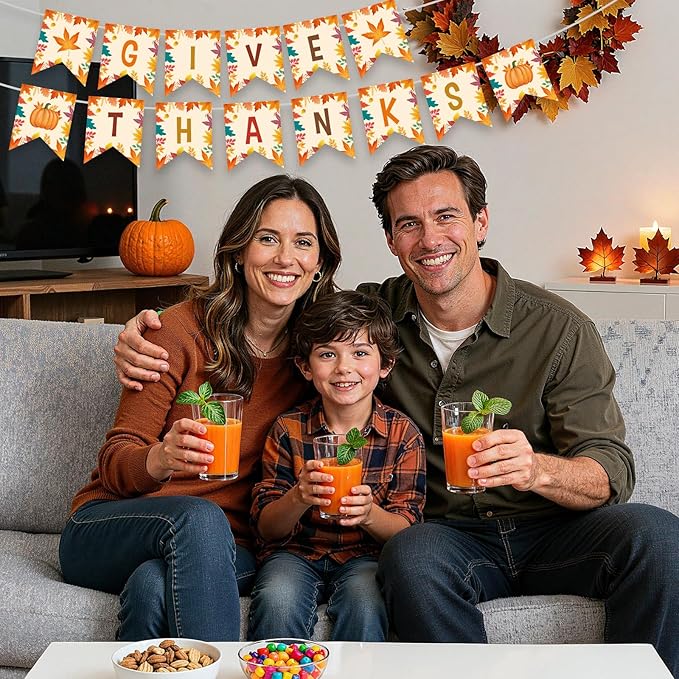 Give Thanks Banner - Happy Thanksgiving Decorations Banners, Fall Maple Leaf Pumpkin Sign Garland Backdrop Banner for Thanksgiving Party Supplies Favors Indoor Outdoor Home Office Wall Door Decor