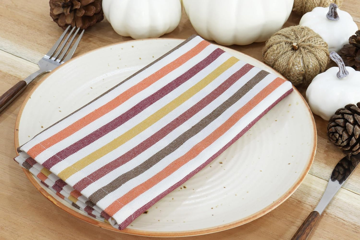 PurpleEssences Plain Striped Cloth Napkins - Set of 12-100% Cotton - 18 x 18 Inch - Fall Thanksgiving - Perfect Everyday Use Dinner Napkin - Fall