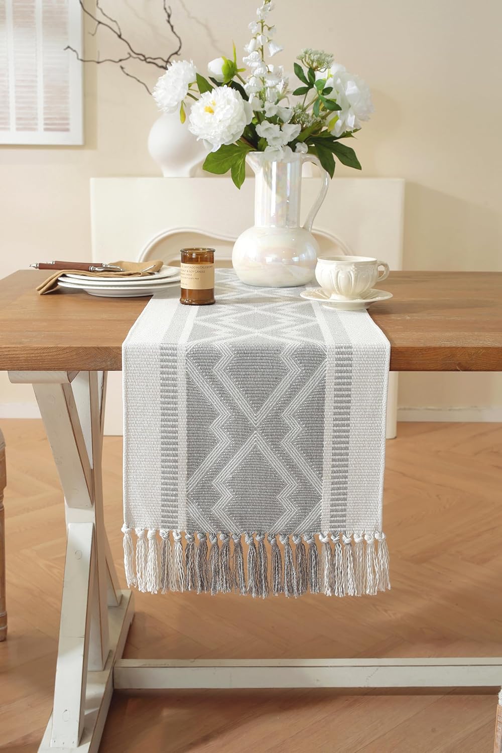 Boho Table Runner ， Natural Cotton Woven Gray Runner，for Modern Farmhouse Decor, with Tassels for Home Dining Table Decor 14 x 72 Inch Long