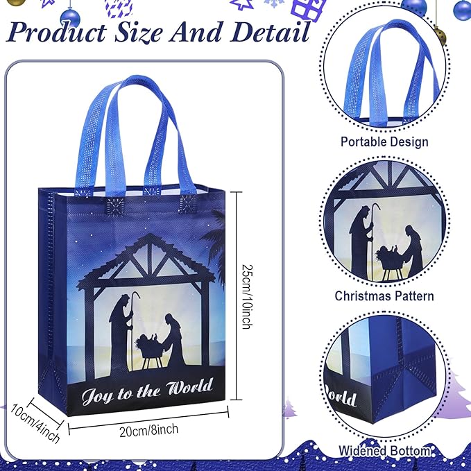 Wesnoy 24 Pcs Christmas Nativity Bags Bulk 10 x 8 x 4 Inch Christmas Jesus Non Woven Gift Bags with Handles Holy Night Religious Decoration Gift Packaging Reusable Christian Supplies for Xmas