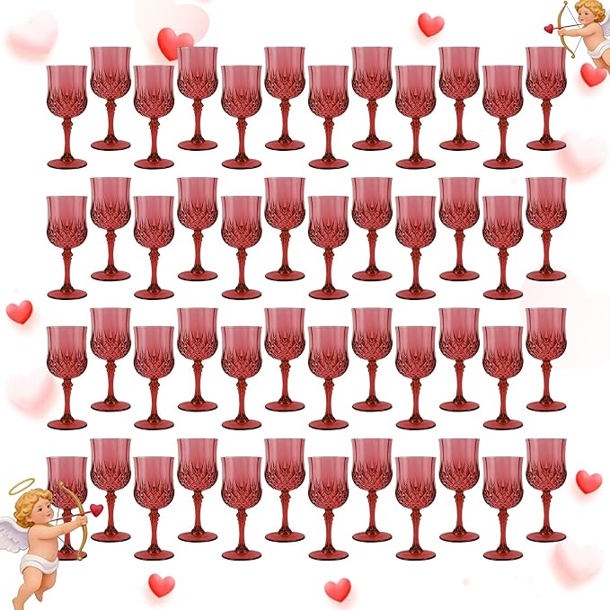 Plastic Wine Glasses, Plastic Goblets Vintage Style Cordial Unbreakable Drinking Glasses, Reusable Drinkware for Wedding Reception, Grand Event Party Supplies, Easter (48, Burgundy)