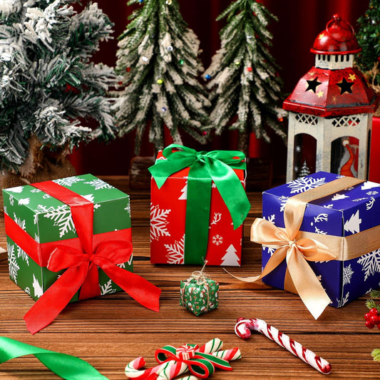 Fulmoon 48 Pcs Christmas Gift Boxes with Lids Small Squared Boxes with Ribbon Bow 4x4x4 Inch Snowflake Christmas Tree Deer Horn Small Gift for Holiday Party
