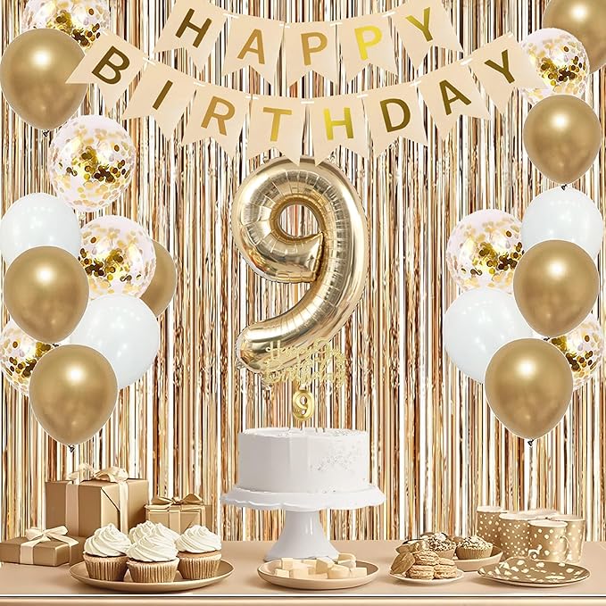 Trgowaul 9th Birthday Decorations for Girls, Banner, Sash and Crown, Cake Topper, 9 Number Balloon, Fringe Curtains, Champagne Gold 9th Birthday Party Supplies