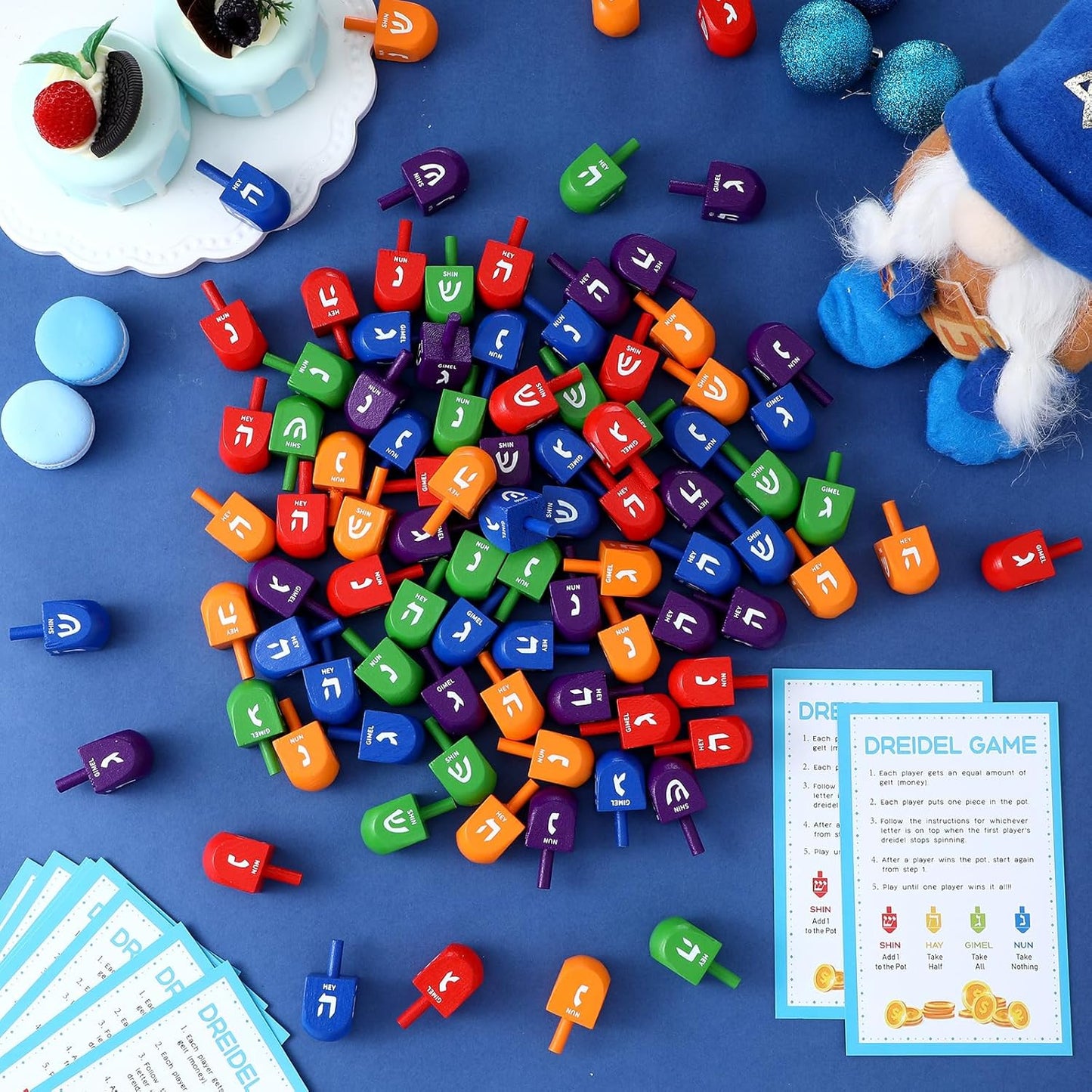 Wettarn 100 Pieces Hanukkah Dreidels Bulk Wooden Hanukkah Dreidels with Game Instruction Cards for Party Game (Size 1,Rainbow Style)