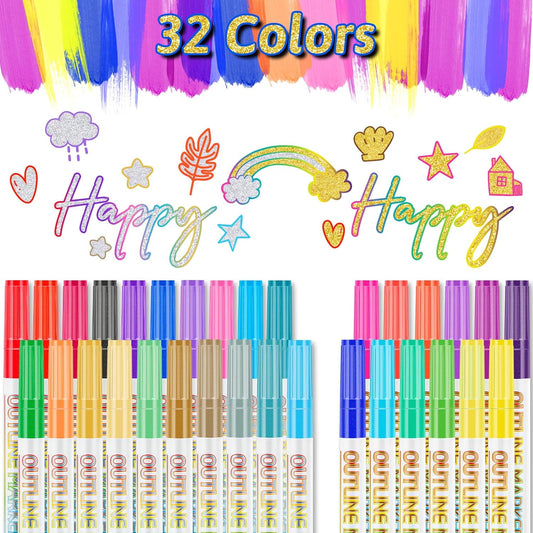Outline Markers Self-outline Metallic Markers, 20 Silver&12 Gold Colors Double Line Outline Markers Super Squiggles Shimmer Glitter Pen Set for Christmas Greeting Card,Kid Drawing,Doodling,DIY Crafts