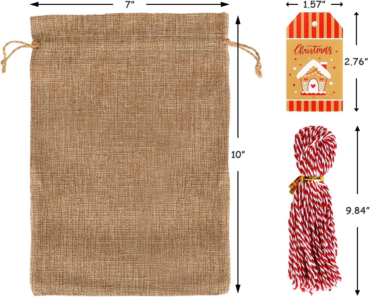 Tapleap Burlap Bags with Drawstring, 7x10 Inches Burlap Sack with Christmas Tags and String (Lot of 50) for Wrapping Christmas Gifts, Party Favors or for Christmas Decorations
