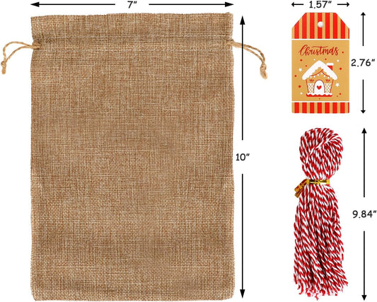 Tapleap Burlap Bags with Drawstring, 7x10 Inches Burlap Sack with Christmas Tags and String (Lot of 50) for Wrapping Christmas Gifts, Party Favors or for Christmas Decorations