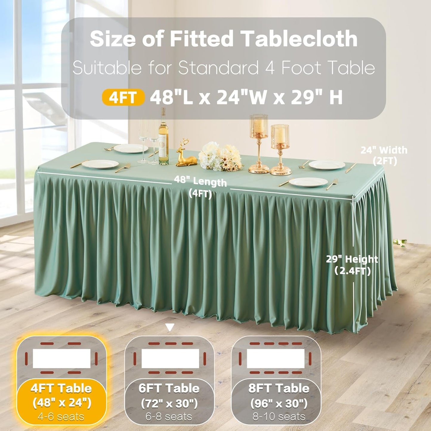 Sage Green Polyester Table Clothes for 4 Foot Rectangle Tables, Wrinkle Free Fitted Table Cover with Pleated Ruffle Table Skirt for Birthday Party Wedding Trade Show Event Display