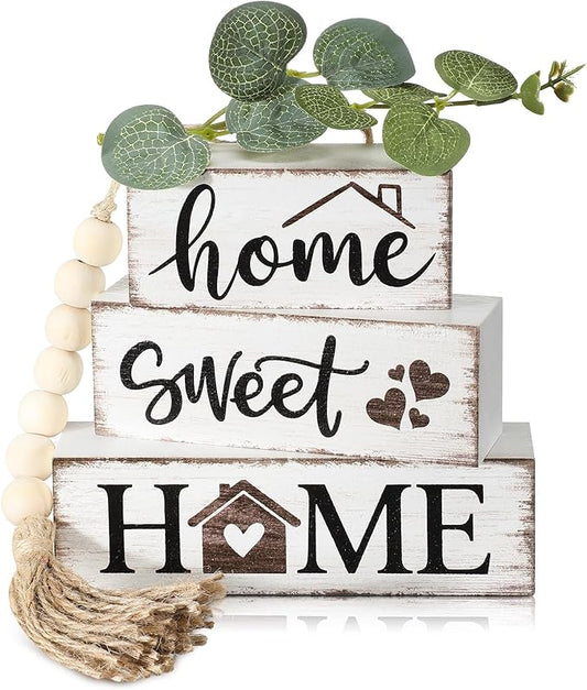 Yousoontic 5 Pcs Farmhouse Wooden Table Decor Rustic Tiered Tray Decor Neutral Block Sign Centerpiece with Bead Garland Faux Eucalyptus Leaves for Home Sweet Kitchen Entryway Living Room Shelves