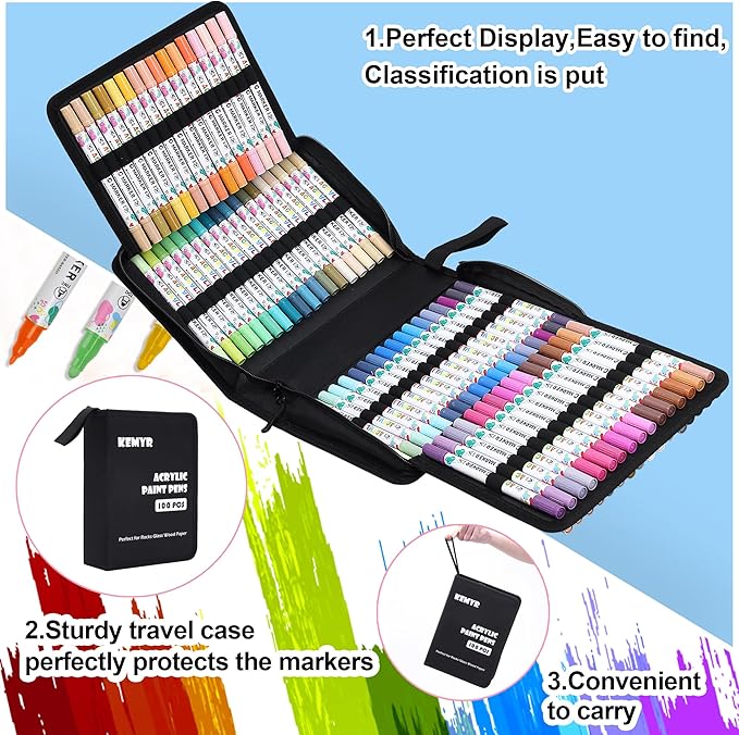 KEMYR 100 Colors Acrylic Paint Pens, Dual Tip Acrylic Paint Markers for Paper, Wood, Canvas, Stone, Rock Painting, Glass, Fabric, DIY, Ceramic, Art Supplies for Adults Drawing (Dot + Fine)