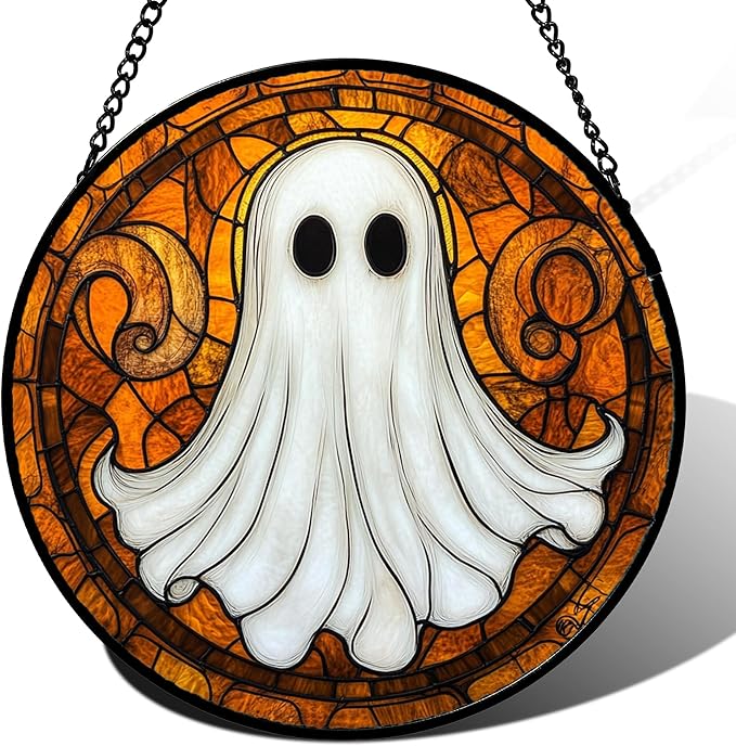 Stained Glass Window Hanging - Halloween Decoration Cute Ghost Suncatcher for Doors Garden Orange Black Spooky Sun Catchers Gothic Decor Horror Gifts for Women Men Friend Boy Girl 7.8 in