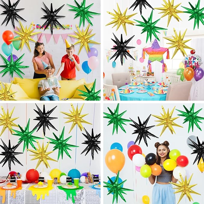 Black Green Gold Star Balloons,9Pcs 22Inch Black Green Gold Explosion Spike Cone Helium Polyester Film Star Foil Balloons for Birthday Anniversary Baby Shower Wedding Disco Party Decorations