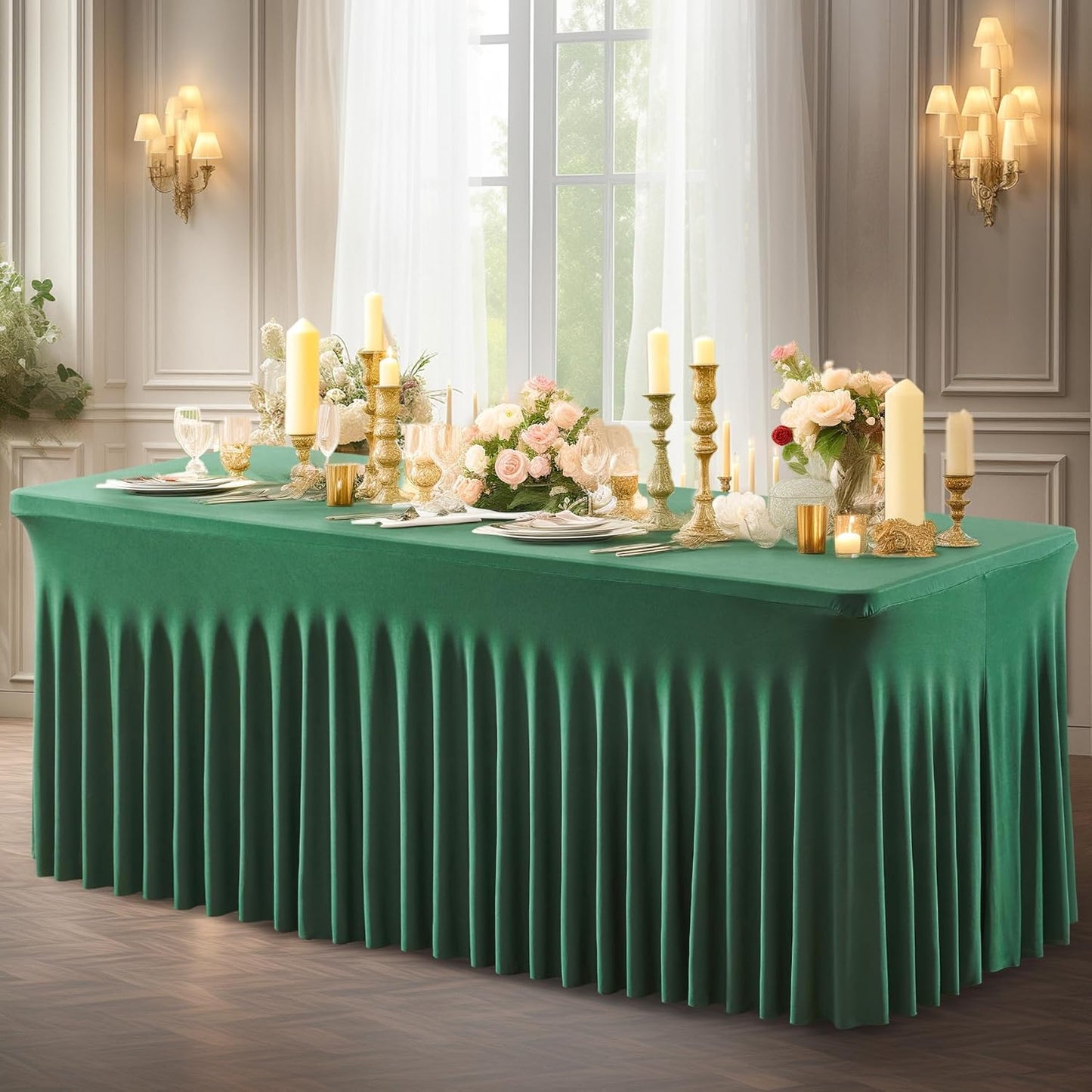 6 Packs Green Spandex Tableclothes for 8 Foot Rectangle Table, Spandex Table Covers 8FT Stretch Christmas Table Skirts Wrinkle Free Fitted Table Cover for Christmas, Wedding, Banquet & Parties