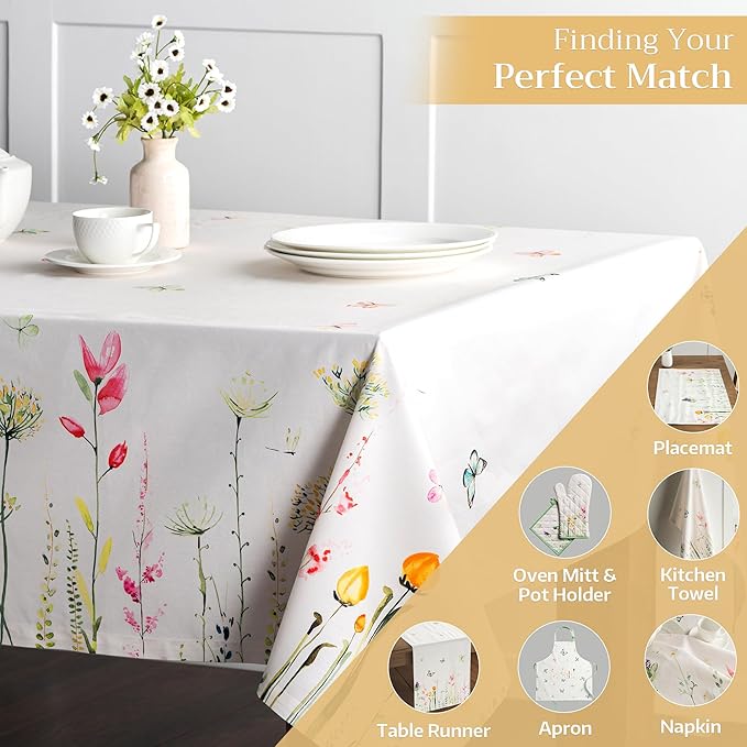 Maison d' Hermine Table Cloth Rectangle Table 100% Cotton 60 x 90 Inches Tablecloth Reusable Decorative for Dining Room Farmhouse Home Valentines Day Decorations Spring Summer - Botanical Fresh