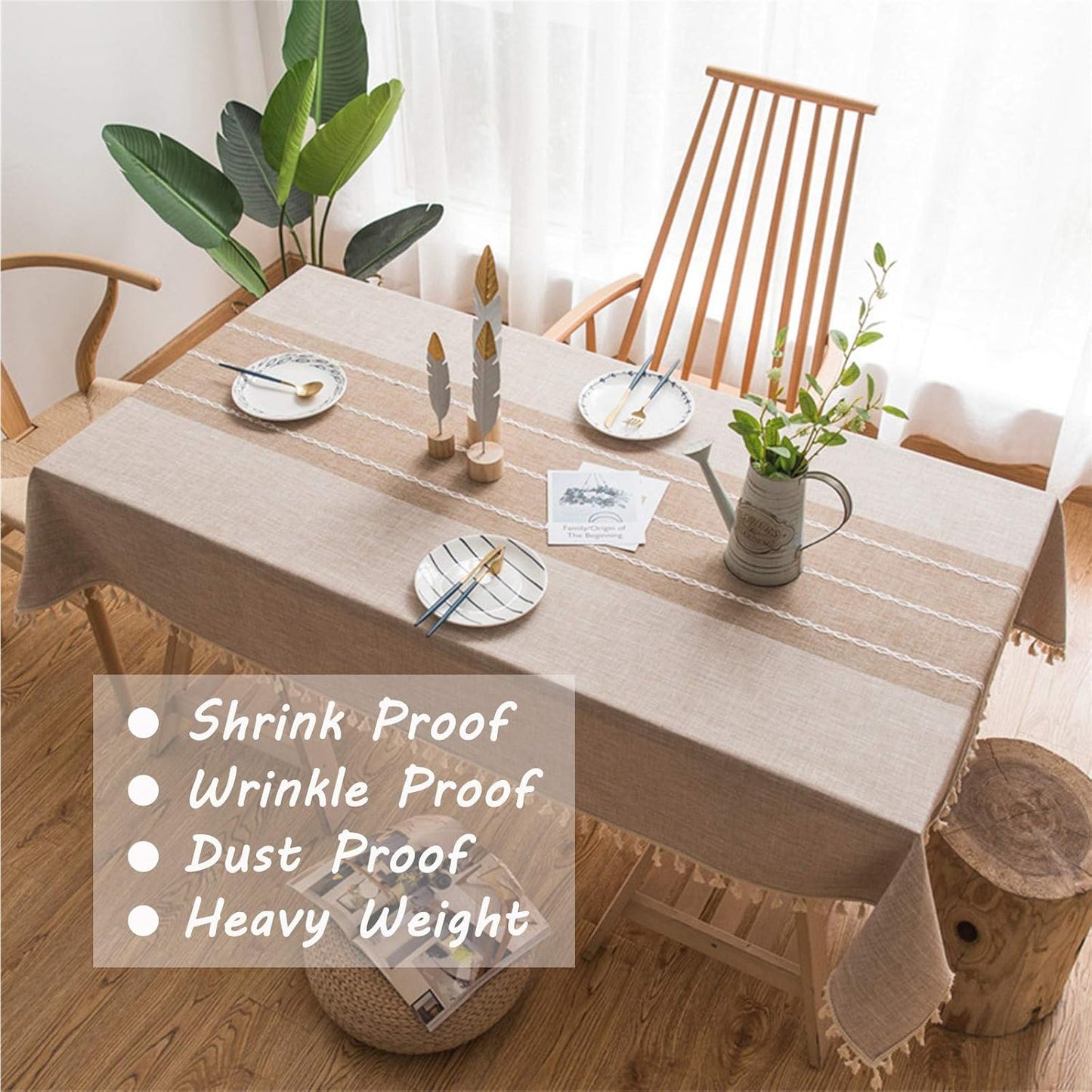 Cotton Linen Tablecloth, Tassel Stitching Table Cloth, Wrinkle Free Farmhouse Table Cover for Kitchen Dining, Party, Holiday (Rectangle, 55''x120'', 10-12 Seats, Beige)