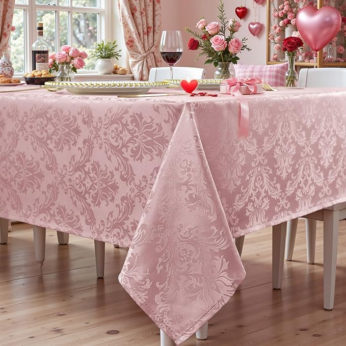 SASTYBALE Pink Tablecloth - 52 x 70 Inch Jacquard Damask Tablecloths Spillproof Wrinkle Resistant Soft Table Cloth Polyester Oblong Table Cover for Valentines Wedding Anniversary Party