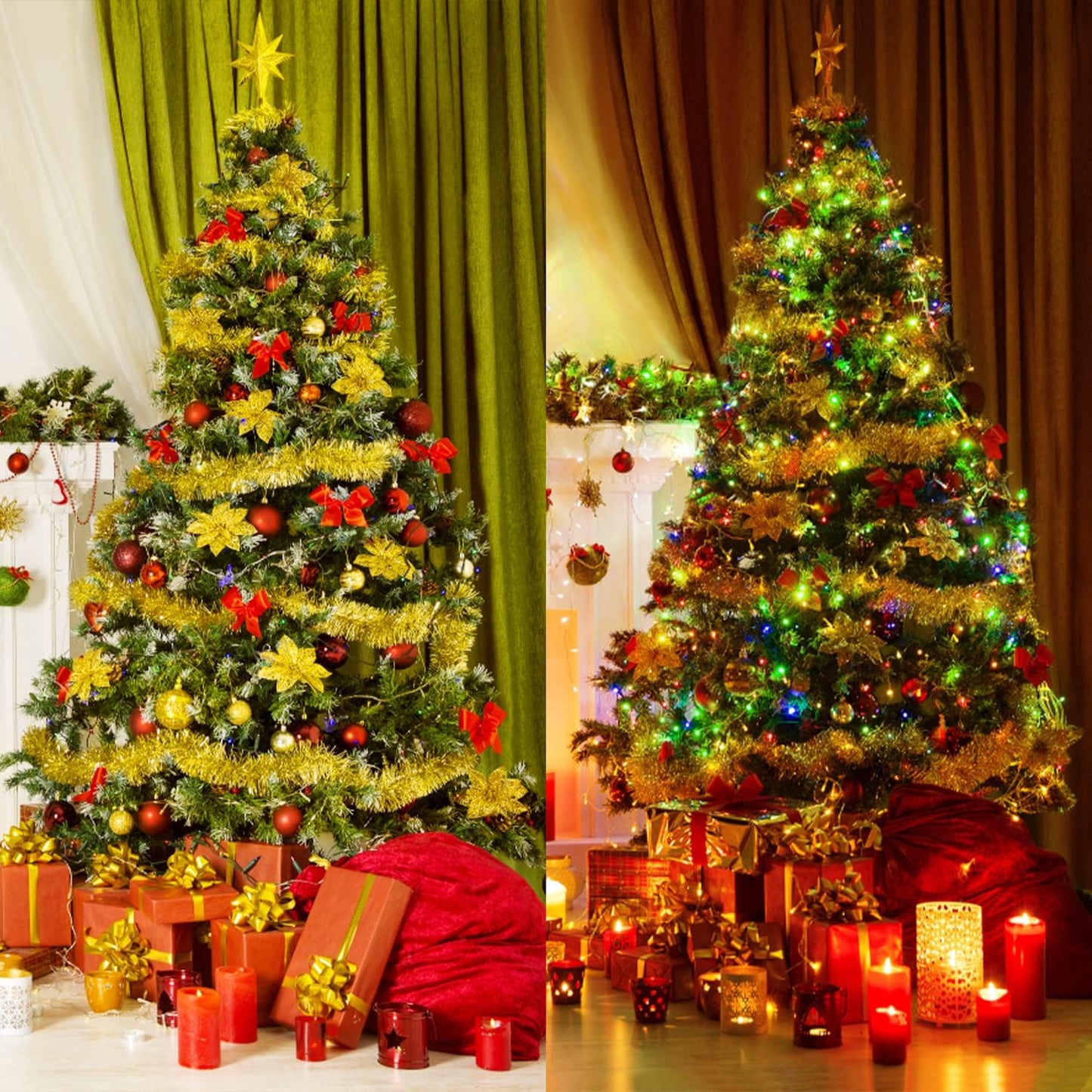 Jishi 50 FT Christmas Garland Gold Tinsel Garland Christmas Tree Decorations - Non-Lit Xmas Holiday Decor Outdoor Indoor Home Garden Outside Wedding Party Artificial Thick Gold Decorative Garland