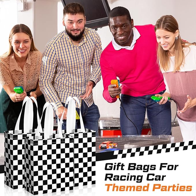 Supervitae 24 Pack Checkered Racing Gift Bags Race Car Party Favors Bag Black and White Reusable Totes Non Woven Candy Totes for Race Car Themed Birthday Party Supplies(9.8" x 7.9" x 3.9")