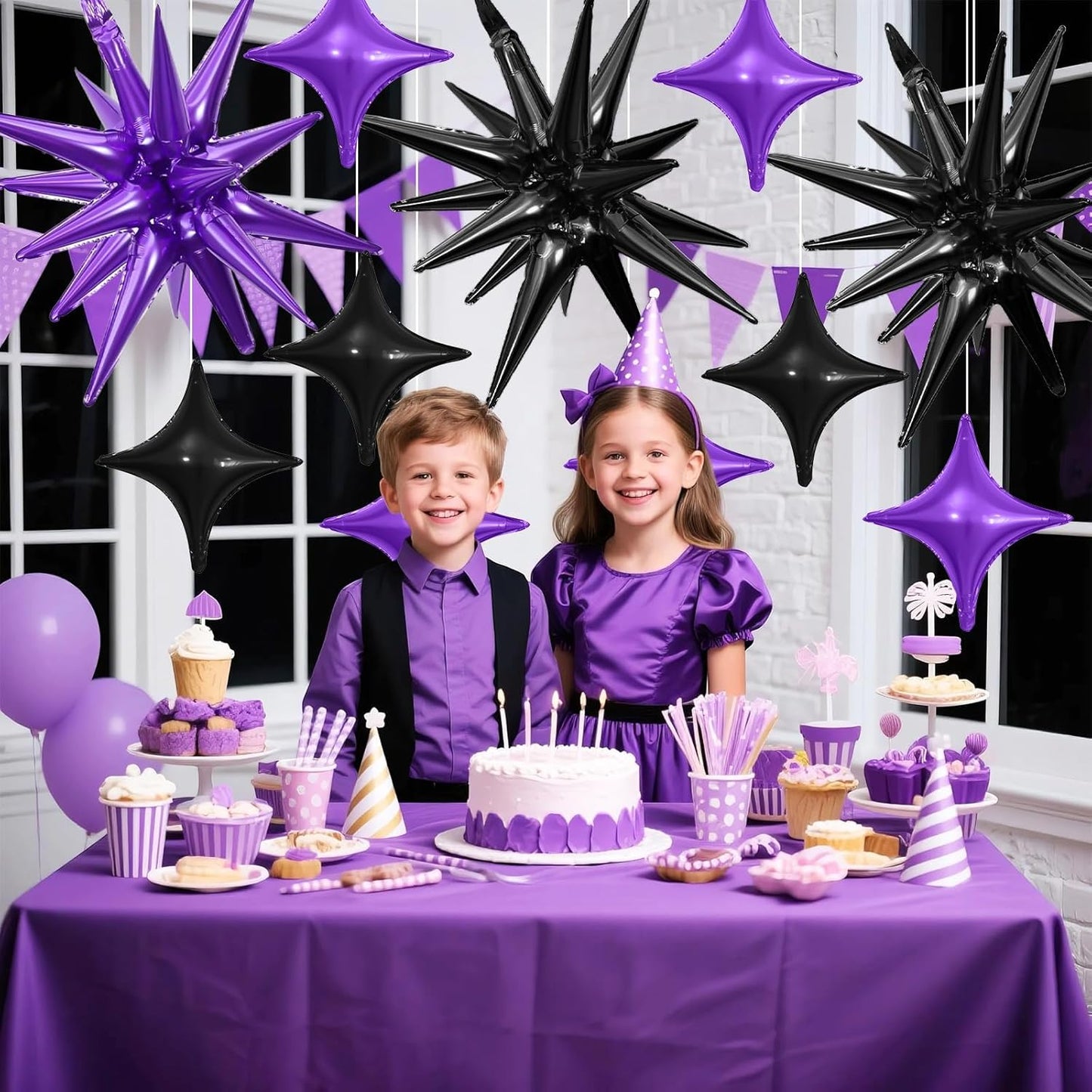 Black Purple Star Balloon,6Pcs 22Inch Explosion Star Balloons and 10Pcs 10Inch Four Angle Balloons Kit for Halloween Birthday Anniversary Graduation Baby Shower Wedding Party Decorations