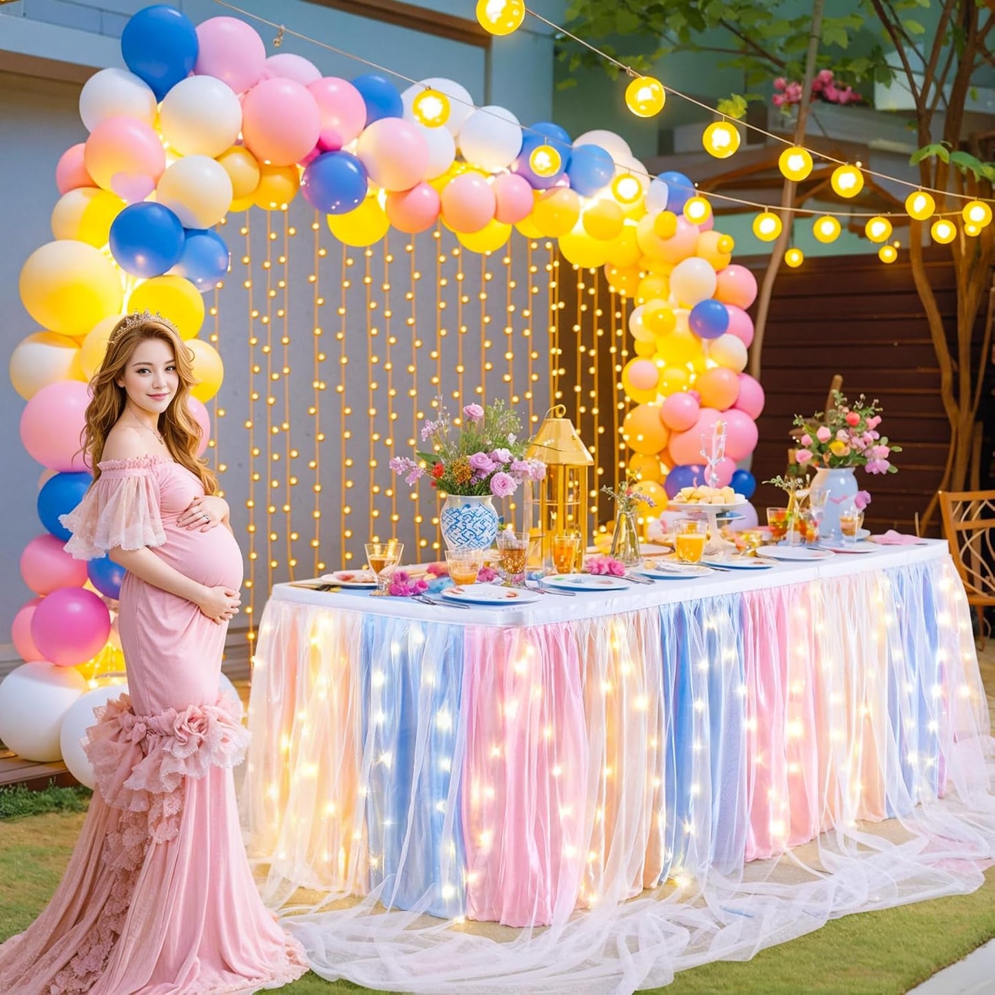 9FT Rainbow Tulle Table Skirt for Rectangle or Round Tables Rainbow Tutu Table Skirt with LED Lights for Princess Birthday Party Baby Shower Gender Reveal Wedding Banquet Cake Dessert Decorations