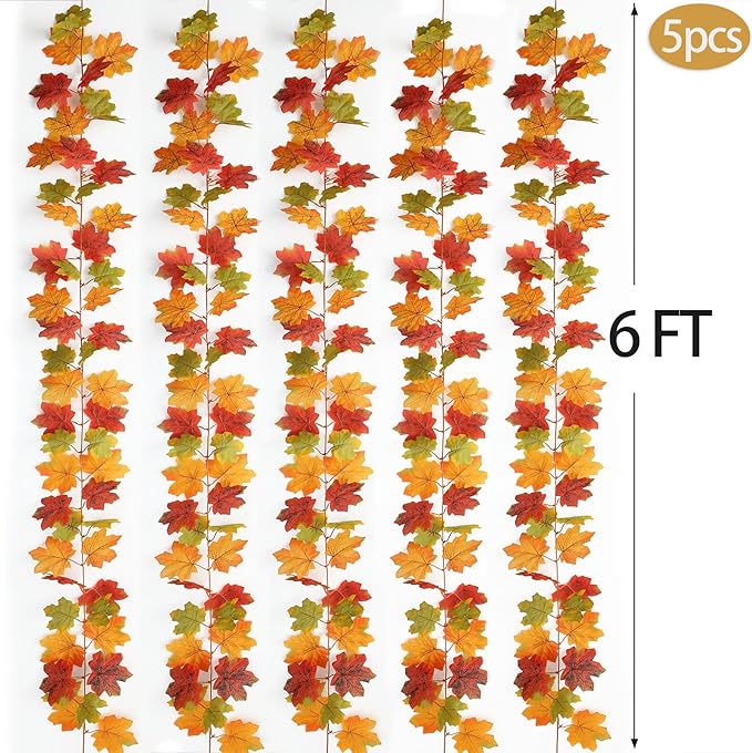 Mizii Fall Decor 5 Packs 390" Artificial Maples Vines Garland Fake Vine Fall Garland Silk Maple Leaves Faux Hanging Plants for Thanksgiving Porch Mantle Fireplace Farmhouse Harvest Decorations (Maple)