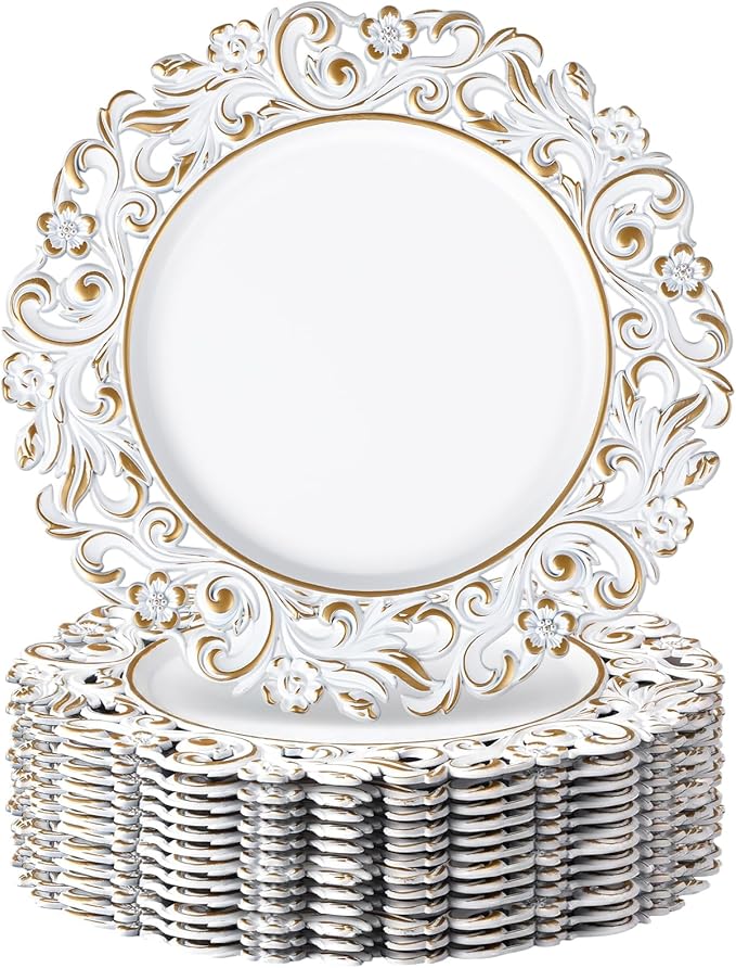 12 Pcs Antique White Charger Plates Bulk 13 Inch Embossed Rim Plastic Round Decorative Plates Charger for Dinner Wedding Party Event Table Setting Decoration (Hollowed out Flowers)